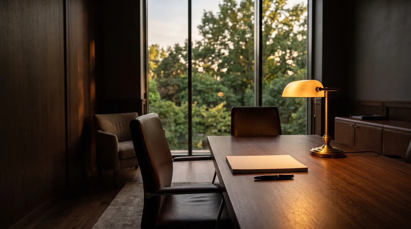 An empty conference room at dusk: a long wood table with a closed folder and a pen under a glowing brass lamp, two leather chairs and a tall window onto green trees