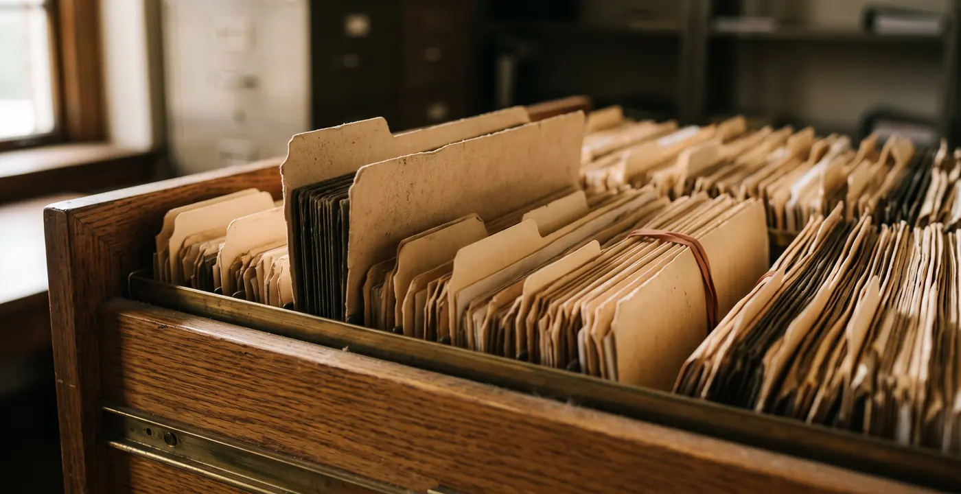 An open oak filing drawer packed with upright manila folders with blank tabs, one bundle held with a red rubber band