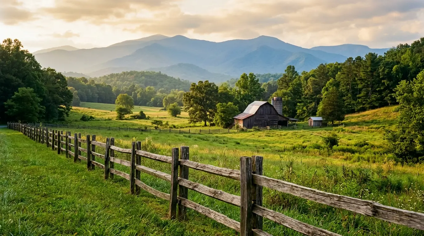 A wooden split-rail fence borders an open green pasture with a rustic barn, framed by misty blue mountain peaks in the background