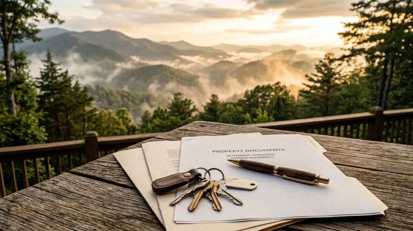 House keys and a pen rest on property documents on a rustic wooden table, overlooking a misty mountain landscape