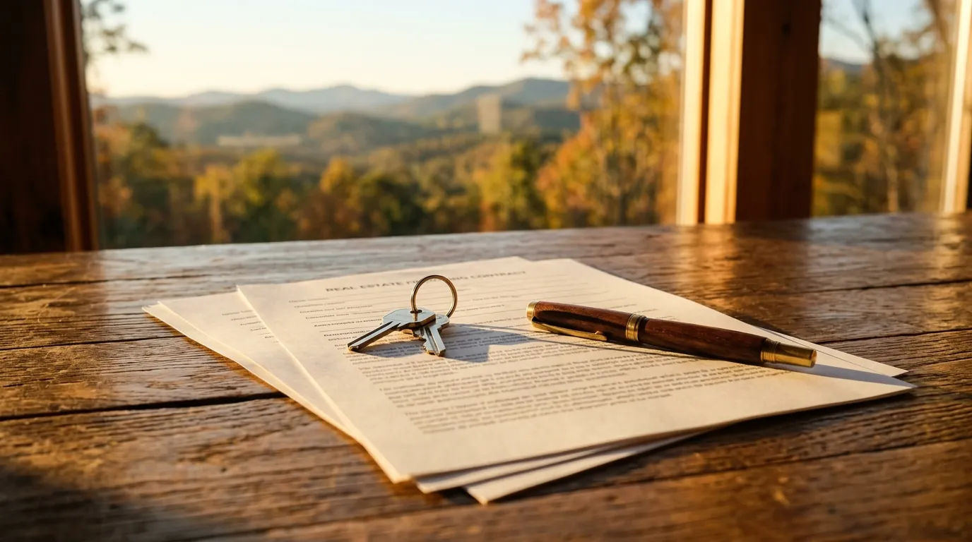 House keys and a pen rest on top of a printed real estate financing contract on a sunlit wooden table