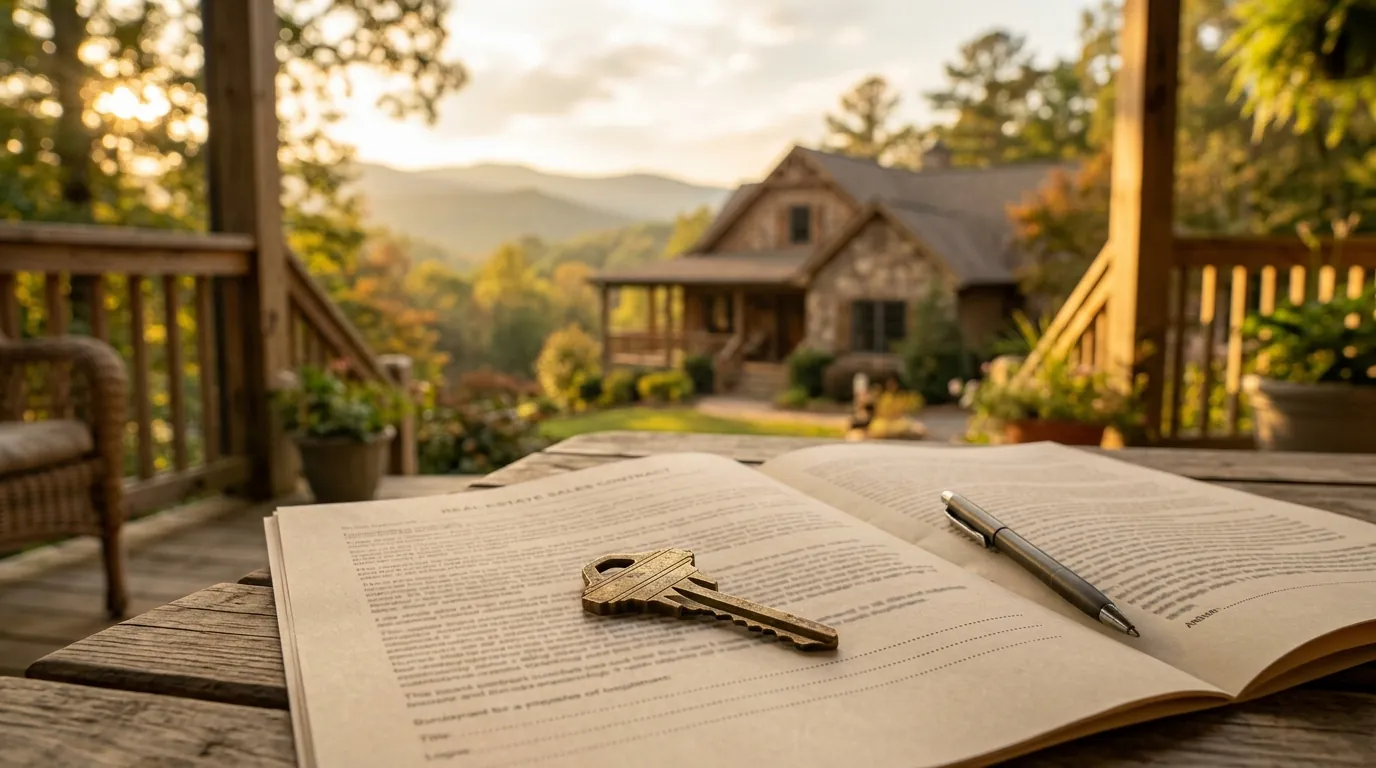 A brass house key resting on a real estate contract on a sunlit porch table, with a suburban home in the soft background