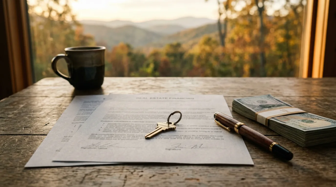 A house key rests atop printed real estate financing documents, beside a fountain pen and a stack of cash on a wooden table