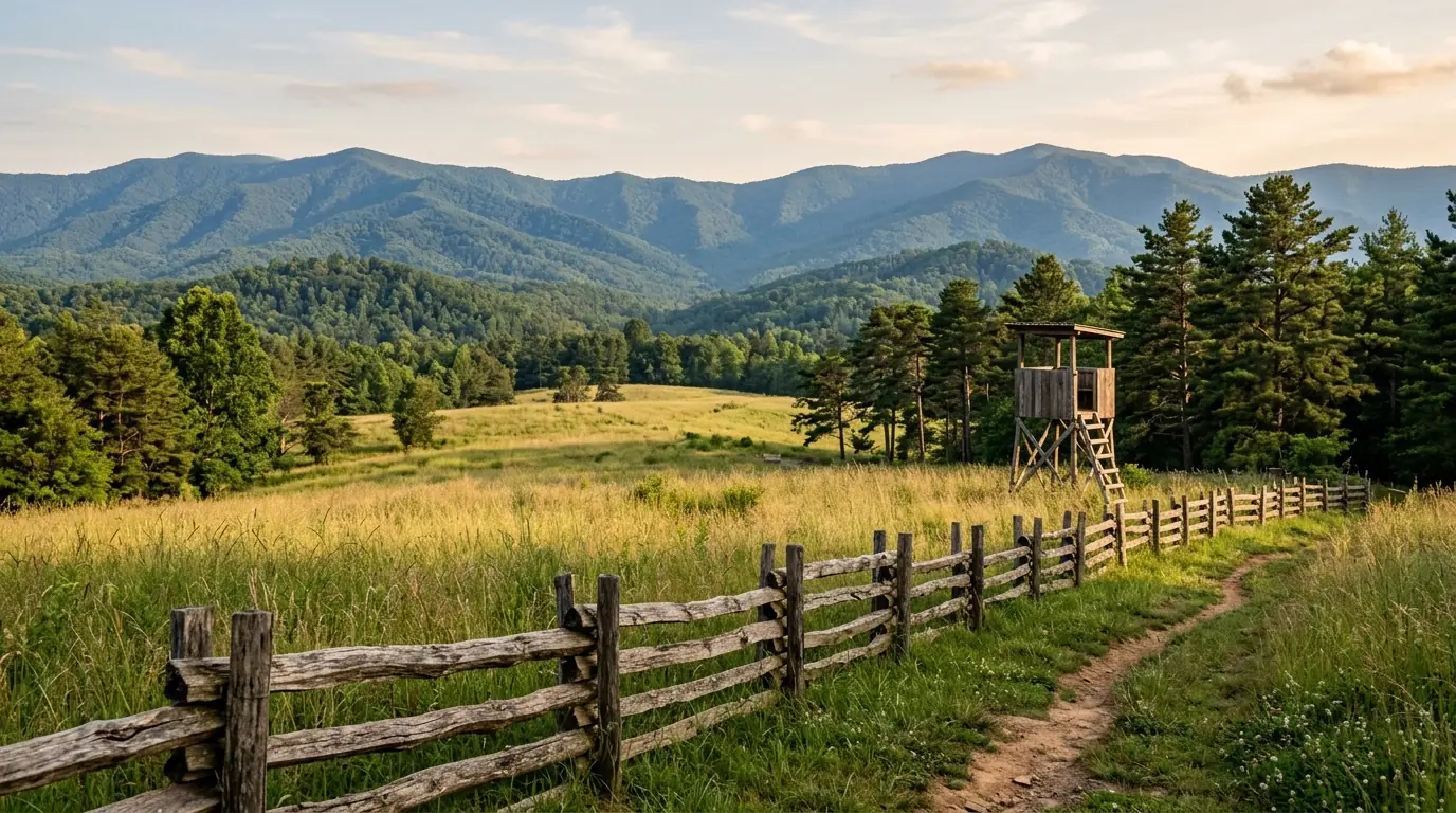 A split-rail fence framing an open pasture and wooden deer stand, set against a backdrop of rolling, pine-covered blue mountains