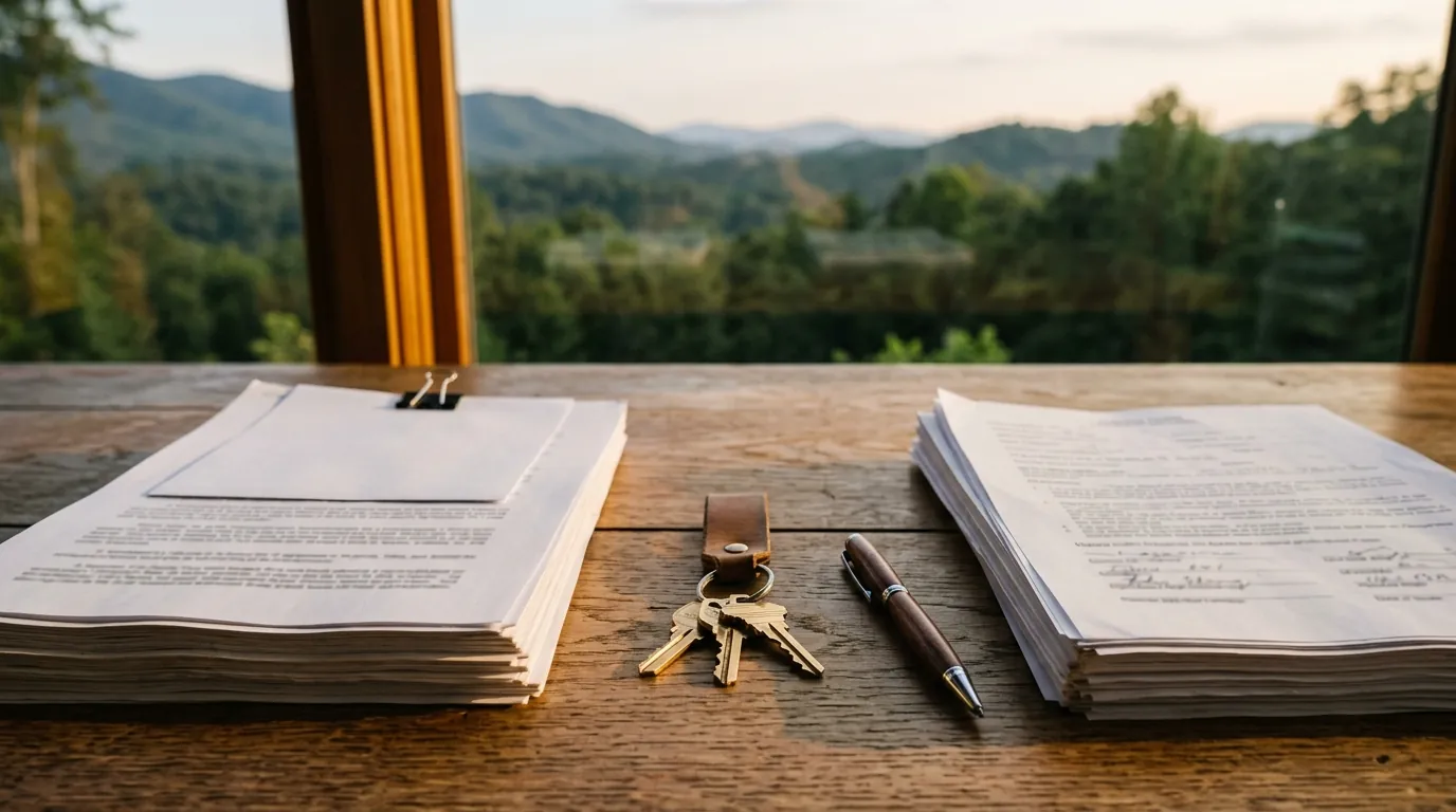 A set of house keys resting between two distinct stacks of real estate paperwork and a pen on a sunlit wooden desk