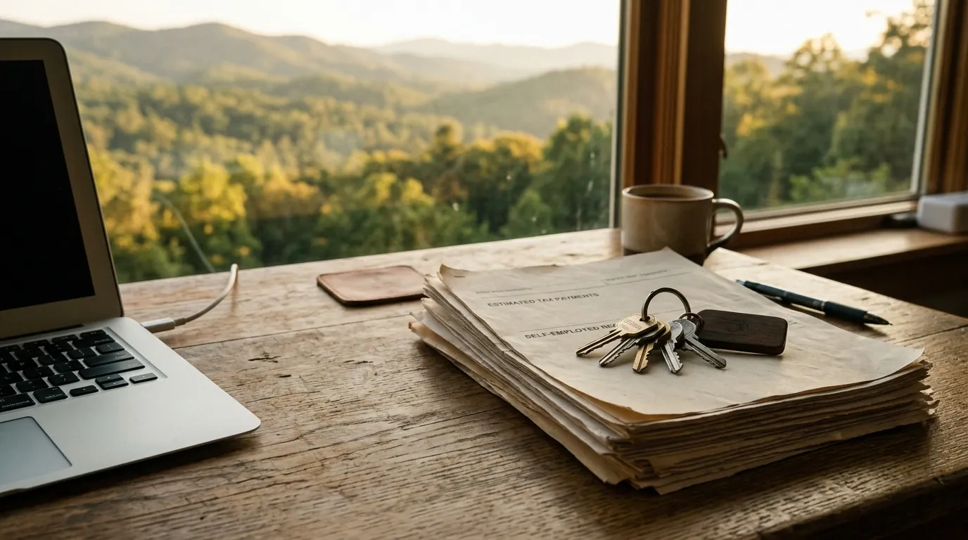 House keys rest on a stack of self-employed tax documents beside a laptop on a sunlit wooden desk