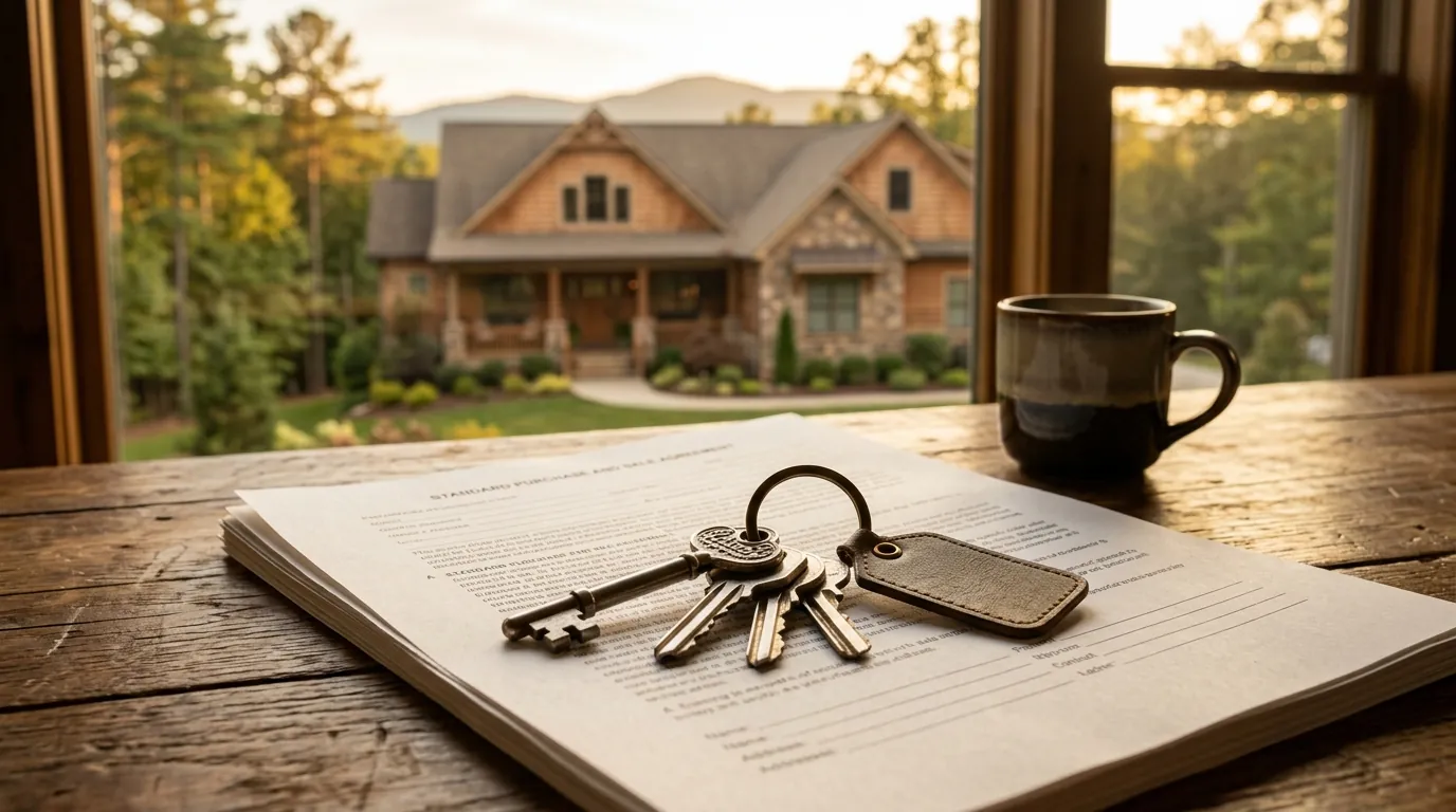 A set of house keys resting on a real estate purchase contract on a wooden table, with a sunlit suburban home in the background
