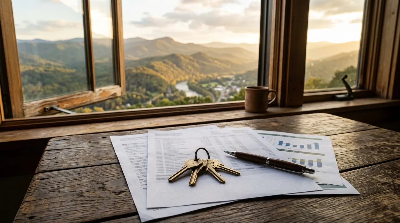 Brass house keys and a pen rest on financial documents atop a rustic wooden table, overlooking sunlit mountain ridges through an open window