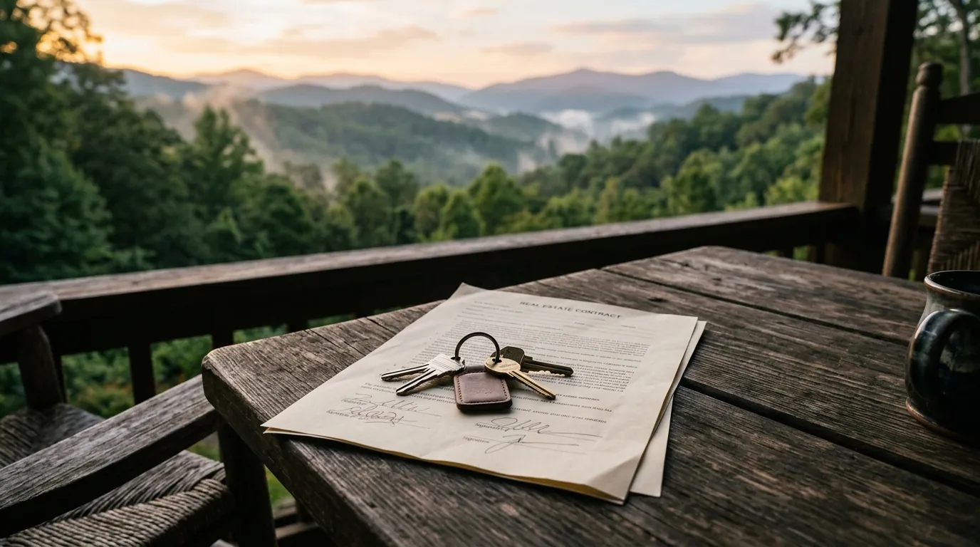 House keys rest atop a signed real estate contract on a rustic porch table, set against misty, forest-covered mountains