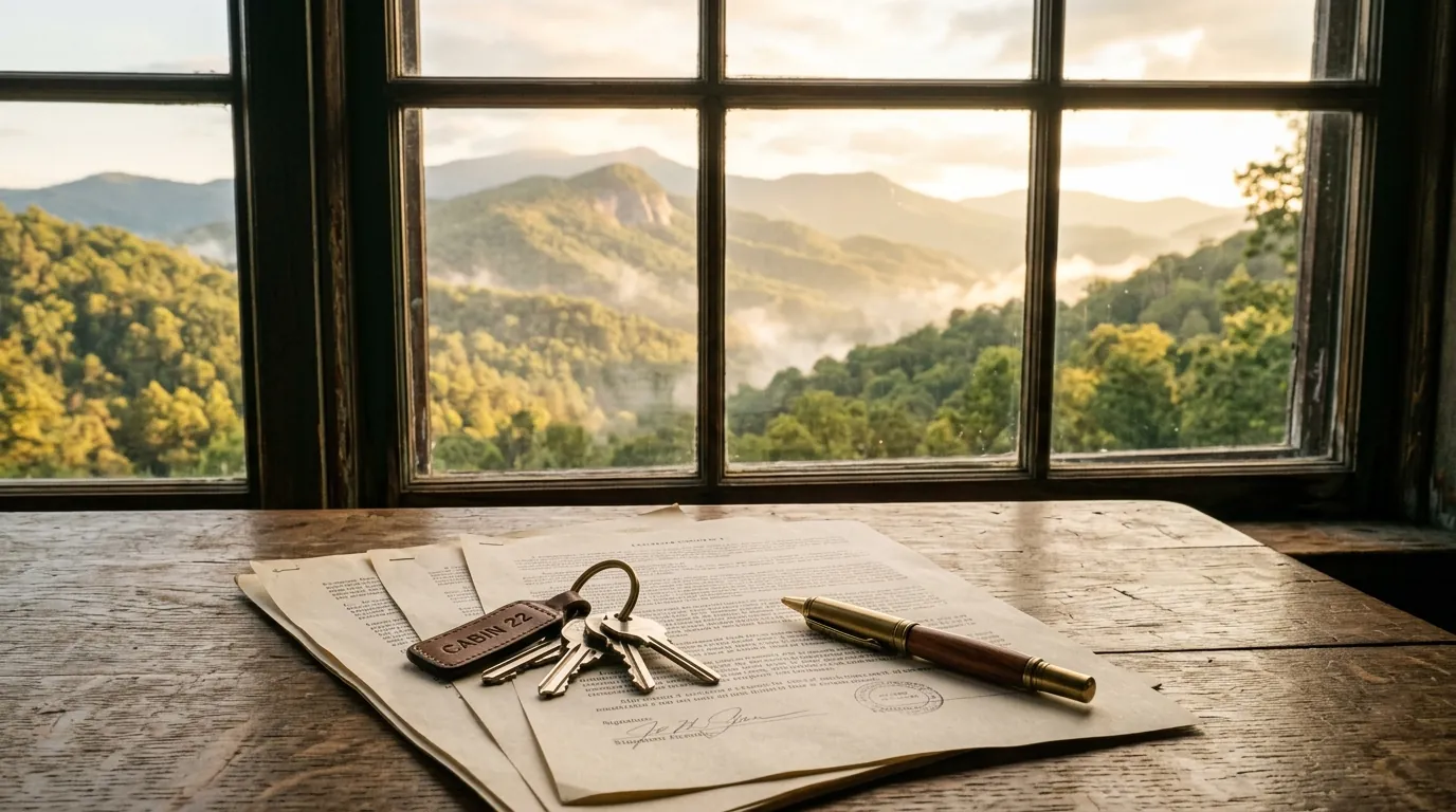 House keys resting on property contracts beside a pen, with misty, tree-covered mountain slopes visible through a sunlit wooden window