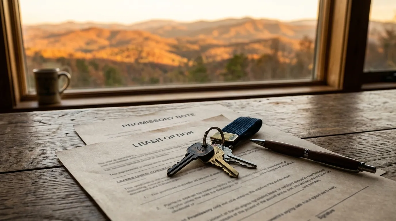 A set of house keys resting on two real estate documents labeled "Promissory Note" and "Lease Option" beside a pen on a table