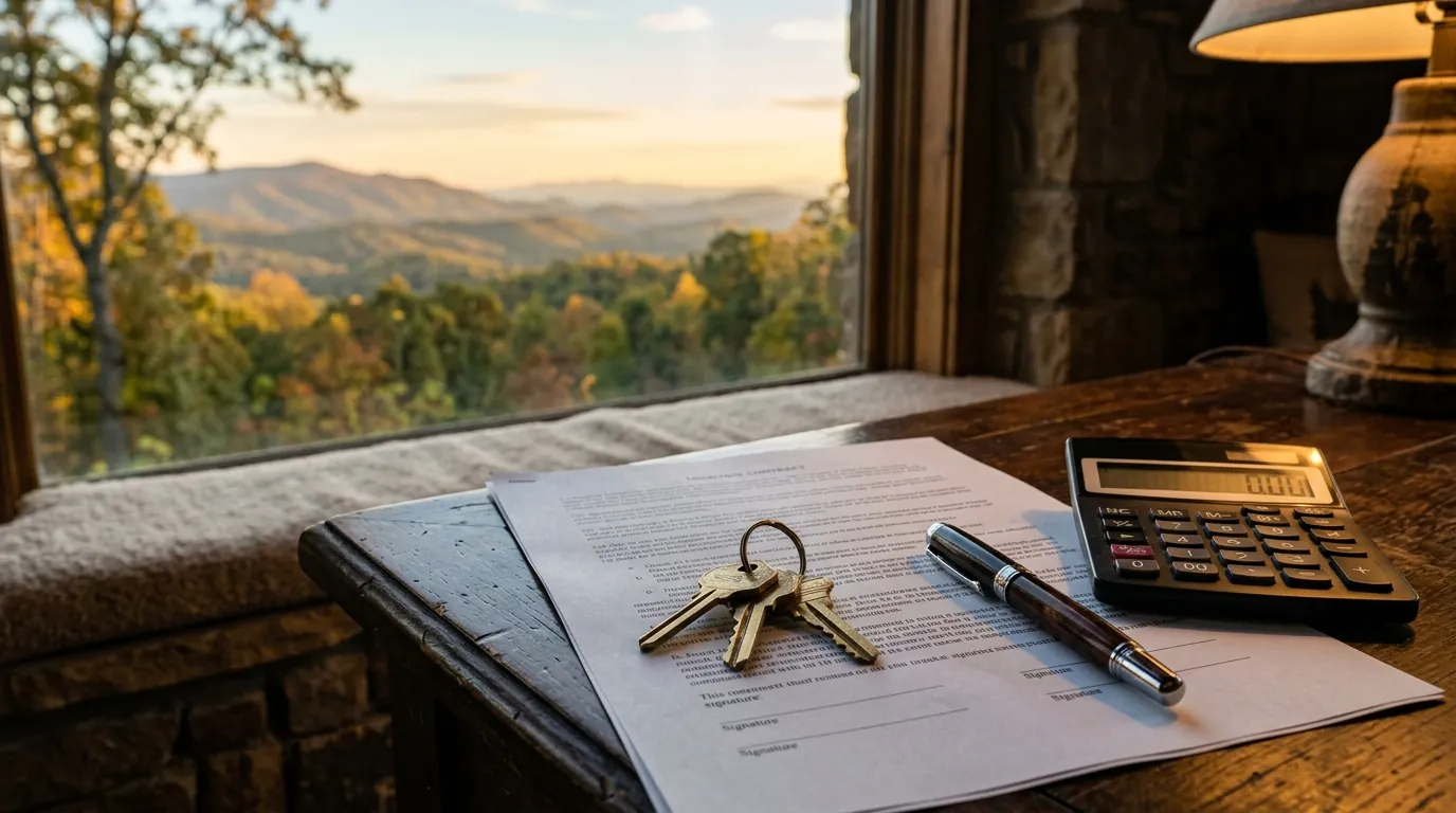 Brass house keys rest on top of a printed legal contract alongside a pen and calculator on a dark wooden desk