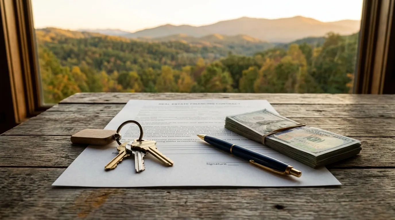 House keys resting on a real estate financing contract next to a pen and a stack of cash on a wooden table