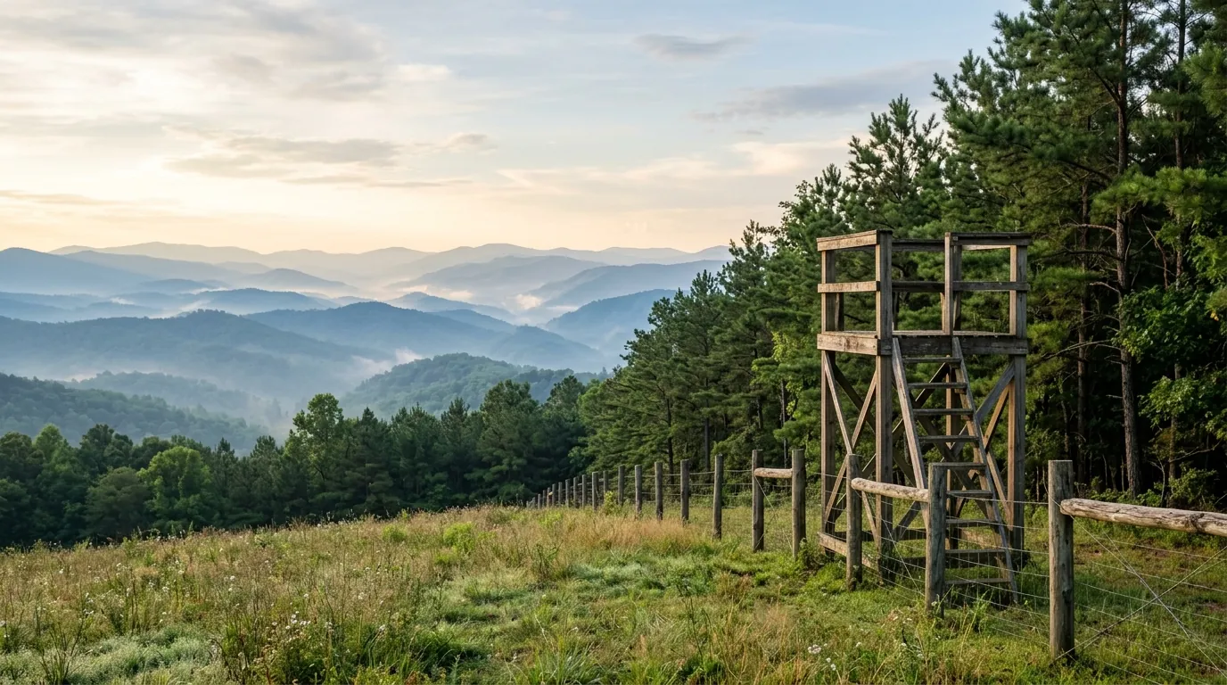 A wooden deer stand sits at the edge of a fenced pasture and pine forest, overlooking misty blue mountain peaks in morning light