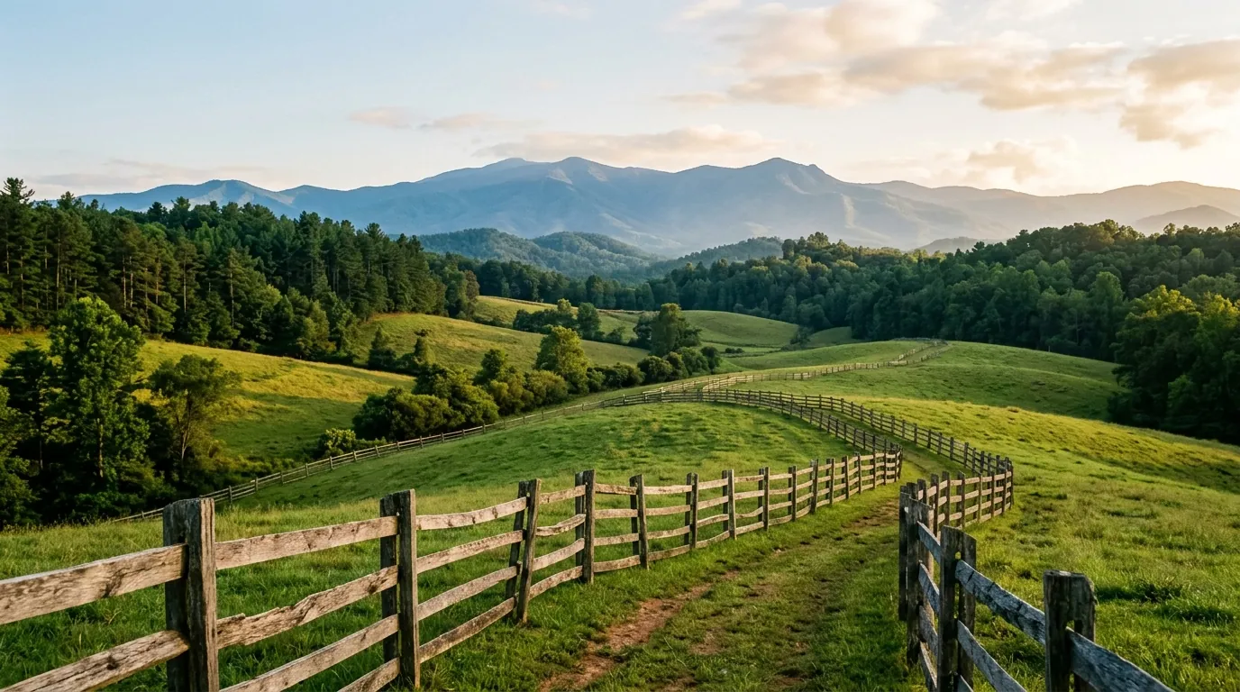 Rolling green pastures bordered by a weathered wooden fence, stretching toward misty blue mountain peaks and dense pine forests under a clear sky