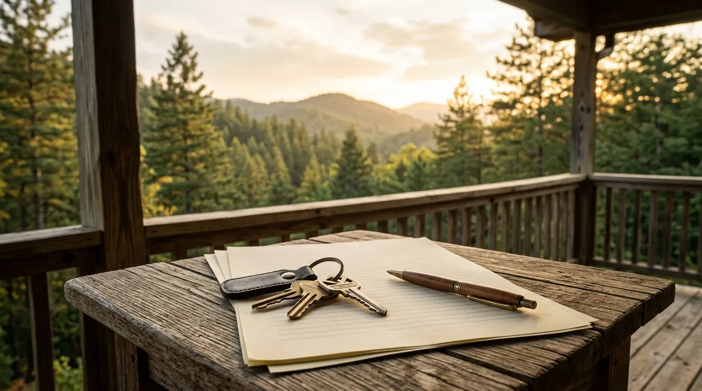 House keys and a pen rest on a real estate contract atop a wooden porch table overlooking sunny pine trees