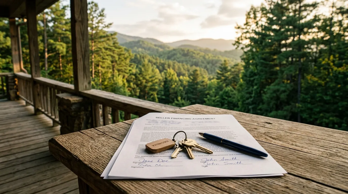 House keys and a pen rest on top of a seller-financing agreement on a wooden porch table, with green pine trees in the background