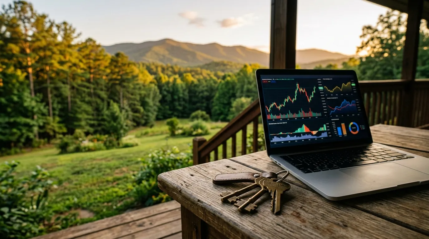 Brass house keys rest beside a laptop showing financial charts on a sunlit porch table overlooking a lush, pine-lined lawn