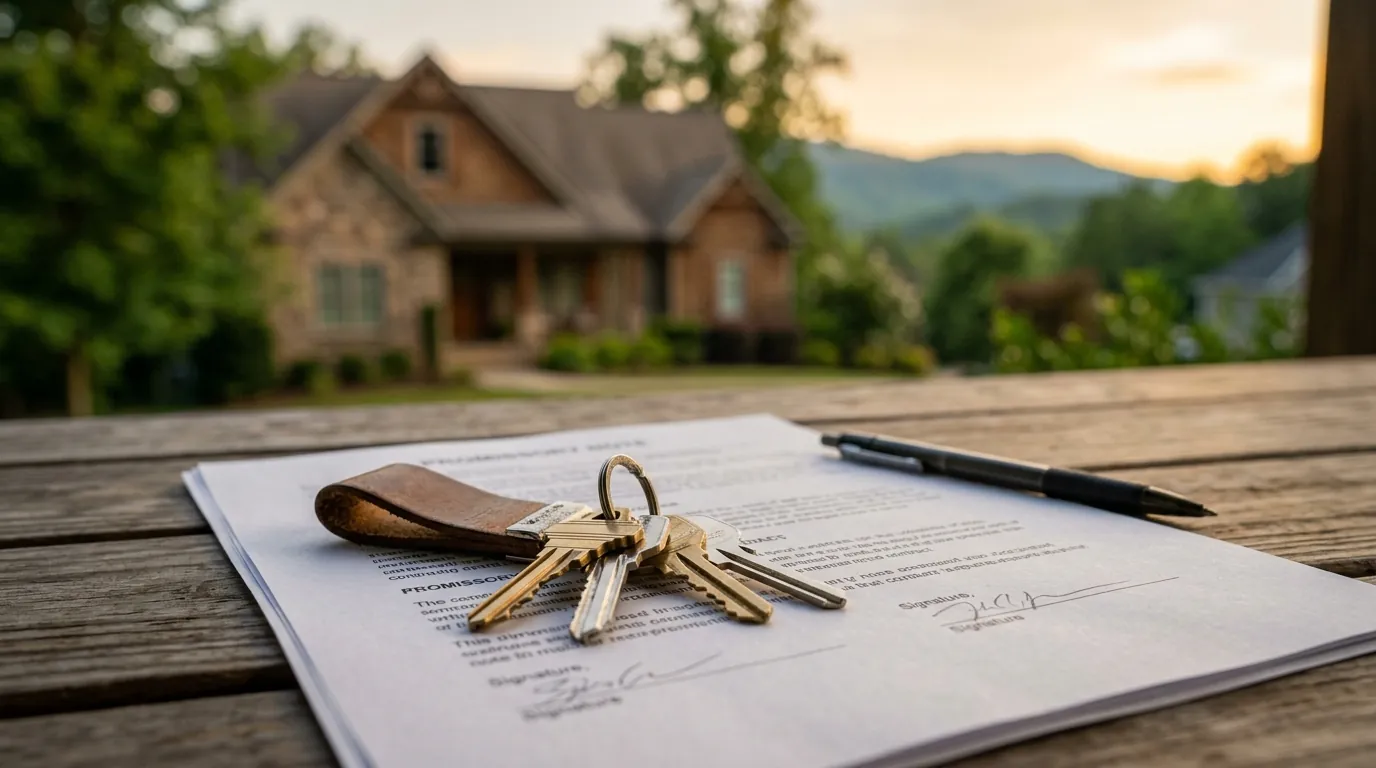 House keys resting on a printed promissory note contract on an outdoor porch table, with a suburban house in the soft-focus background
