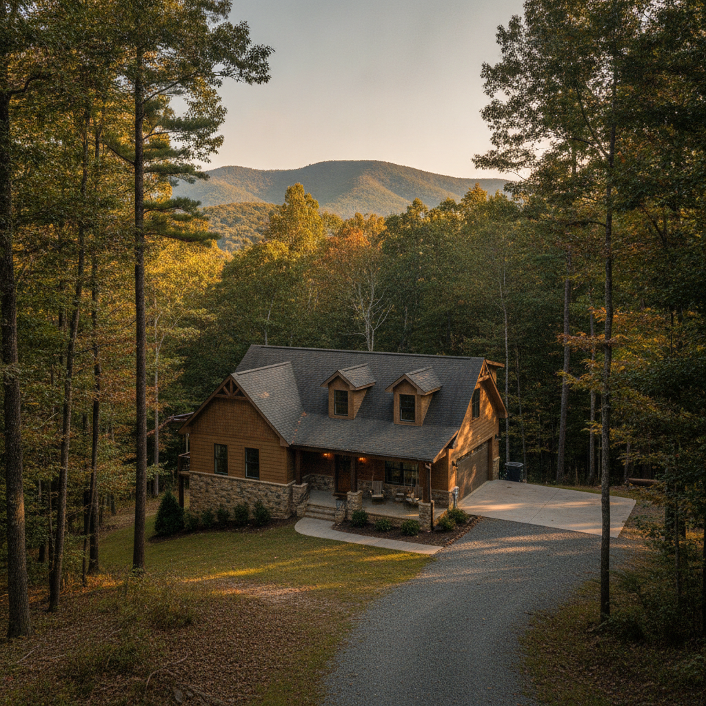 A craftsman-style cedar-shingle home with a stone-accented front porch on a wooded lot, with the low forested North Georgia foothills rising behind it at dusk