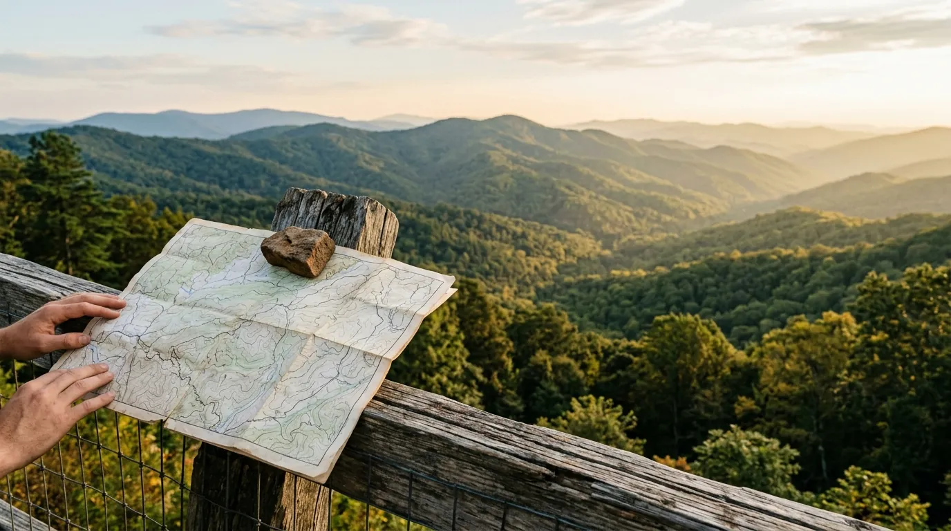 A paper topographic map resting on a rustic wooden fence post, overlooking sweeping, heavily forested mountain ridges in soft sunlight