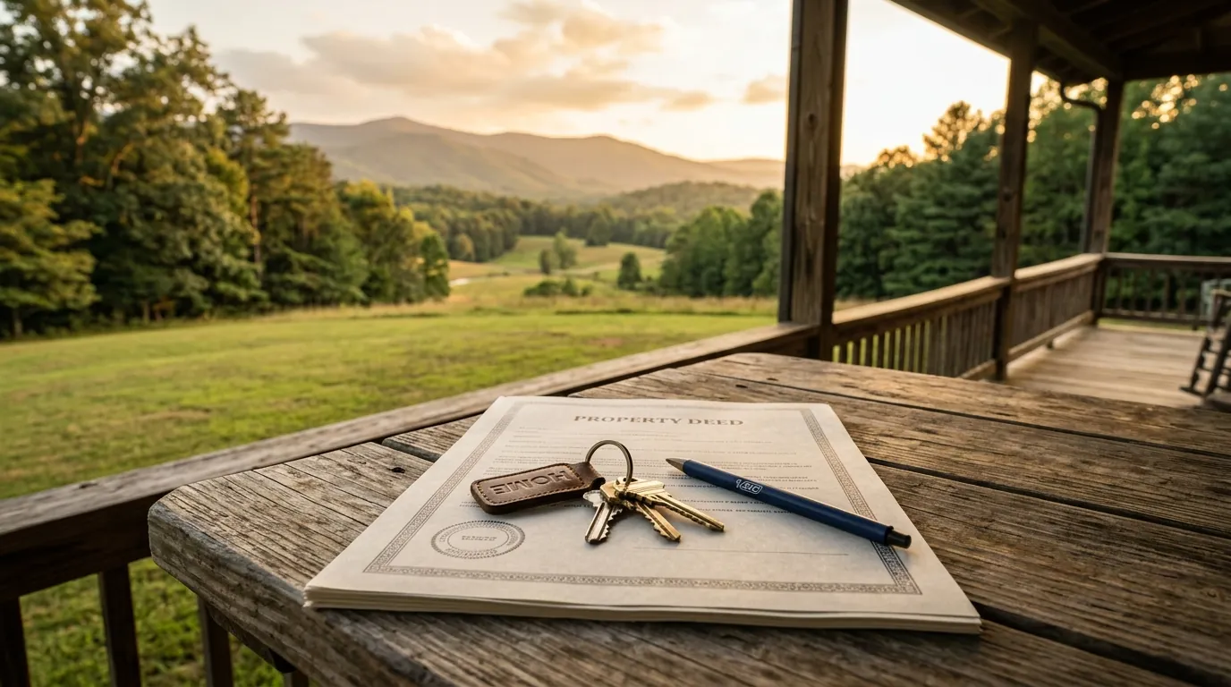House keys and a pen rest on top of an official property deed document on a wooden porch table overlooking a grassy lawn